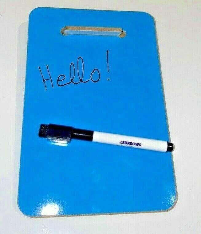 Blue A5 fridge whiteboard with handle slot and black dry erase marker