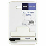 White desktop memo board with pen and eraser, ideal for office notes and reminders.