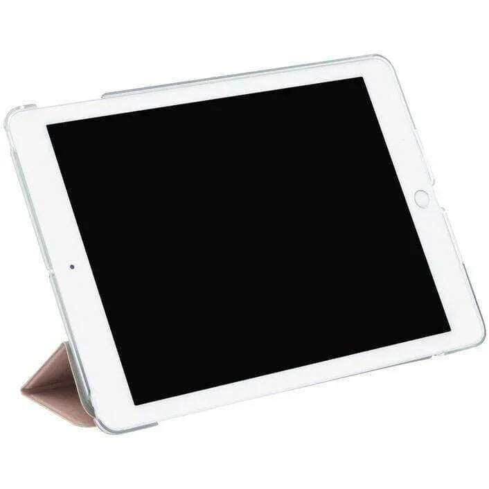 iPad with smart leather flip case stand, white bezel, screen off, angled view
