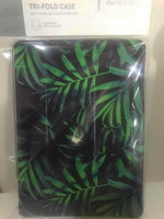 Tri-fold iPad case with green palm leaf design, auto wake sleep cover, converts to stand