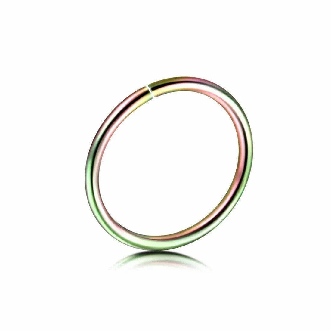 Iridescent surgical steel hoop ring for nose, lip, or ear piercing on white background