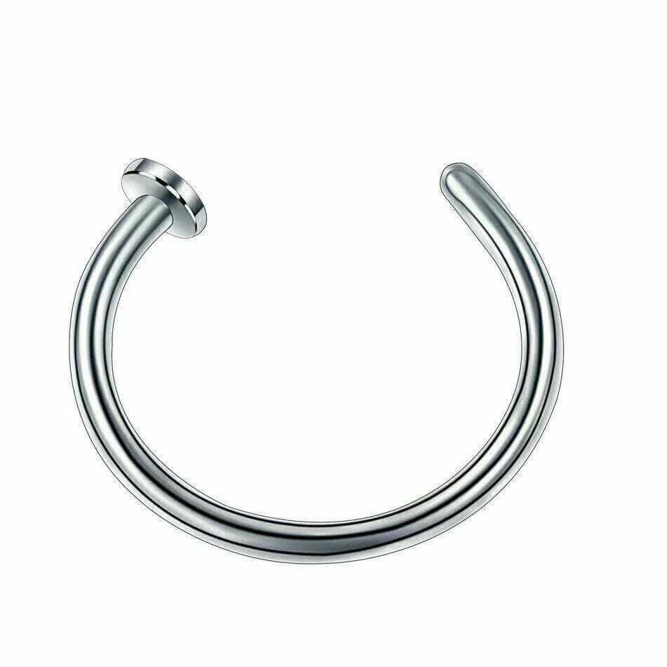 Silver surgical steel hoop ring for nose, lip, or ear piercing, isolated on white background.
