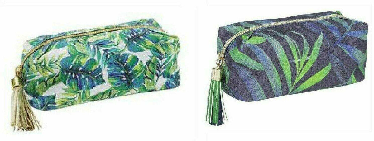 Two portable makeup bags with tropical leaf print and gold zipper tassels, travel cosmetic cases