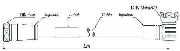 Diagram of RF coaxial jumper cable with DIN male and right-angle DIN male connectors labeled