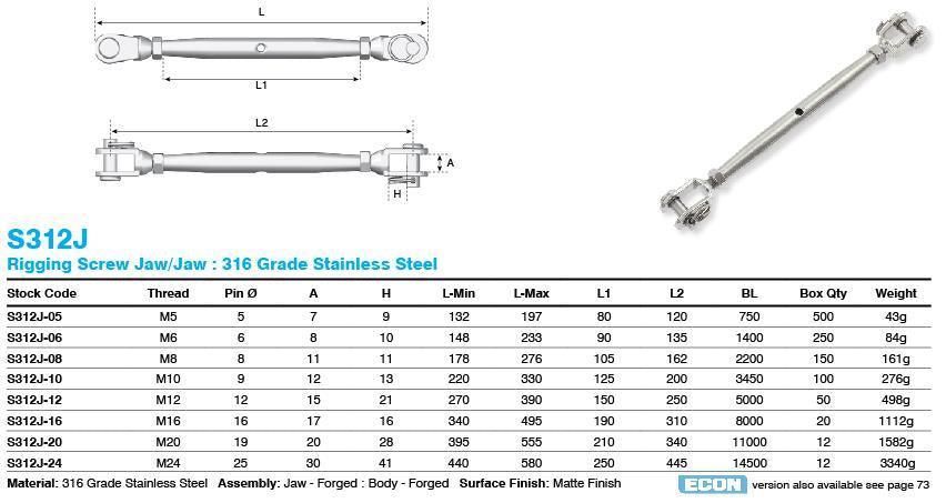 S312J-08PR - 8mm Bottlescrew Jaw/Jaw ProRig AISI 316 Grade Stainless Steel S312J - Australian Empire Shop