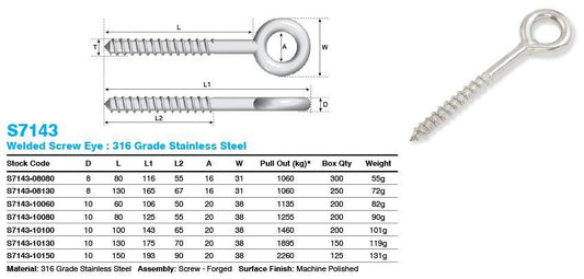 S7143-10080 - ProRig M10 x 80mm Welded Screw Eye 316 Grade Stainless Steel - Australian Empire Shop