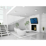 Heavy-duty flat TV wall mount holding large flat screen in modern living room with white decor