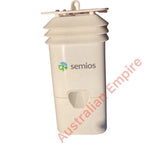 White Semios dispenser single can Gen2 with mounting bracket, front view