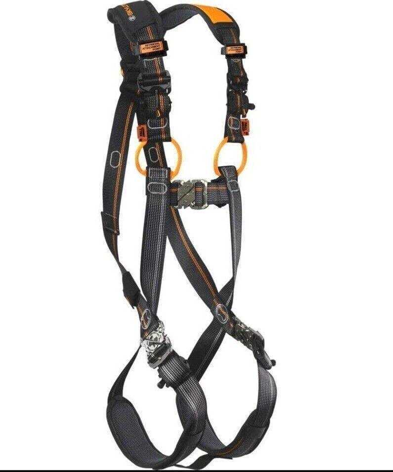 Black and orange full body safety harness with adjustable straps and metal buckles