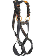 Black and orange full body safety harness with adjustable straps and metal buckles