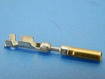 Metal socket pin terminal connector for tractor or truck parts on blue background