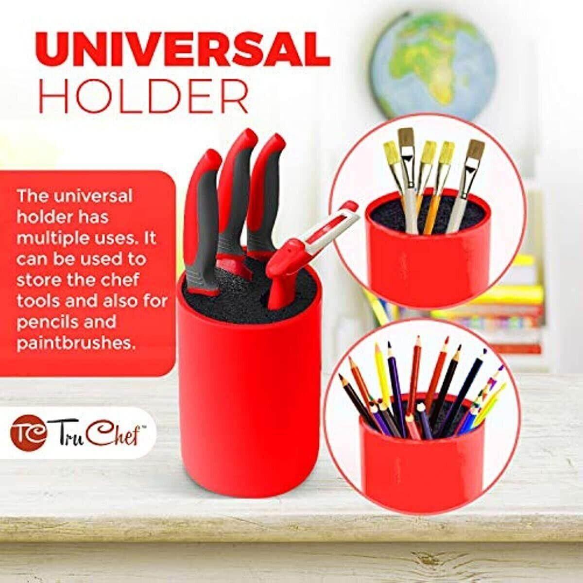 Red universal holder with black interior storing kitchen knives, peeler, pencils, and paintbrushes.