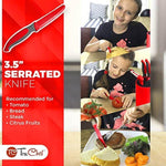 Kids using red serrated 3.5 inch knife to cut bread, tomato, and steak in a kitchen setting.
