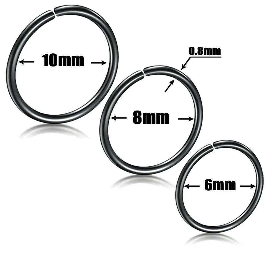 Set of three fake hoop rings for nose, lip, or ear in black, sizes 10mm, 8mm, and 6mm.