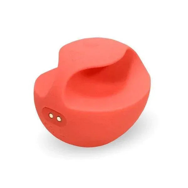 Red silicone earbud charging case with gold contacts, compact portable design