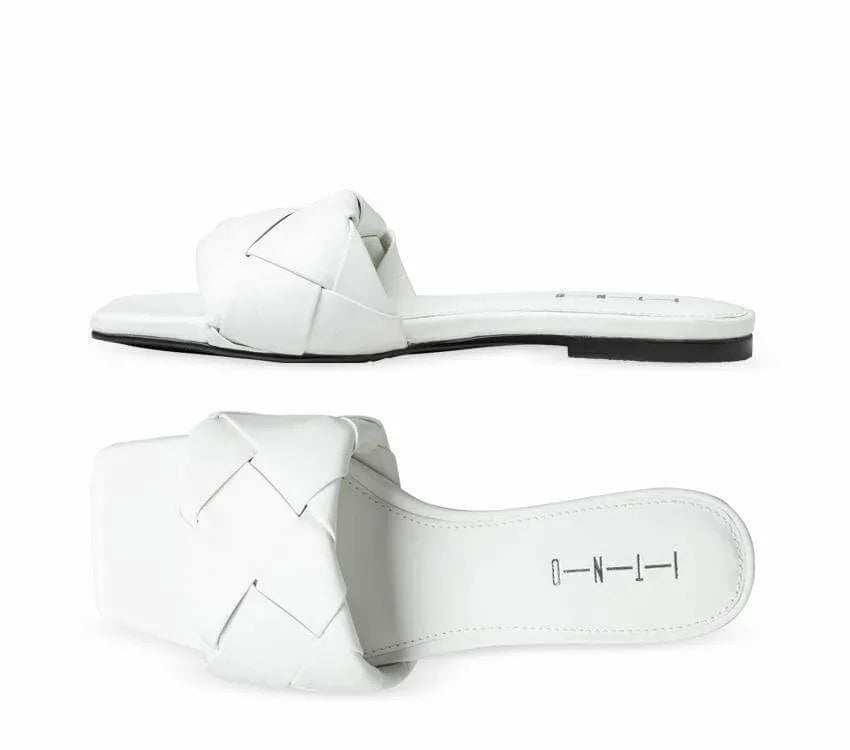 White quilted leather women's sandals, flat slip-on design, summer casual footwear