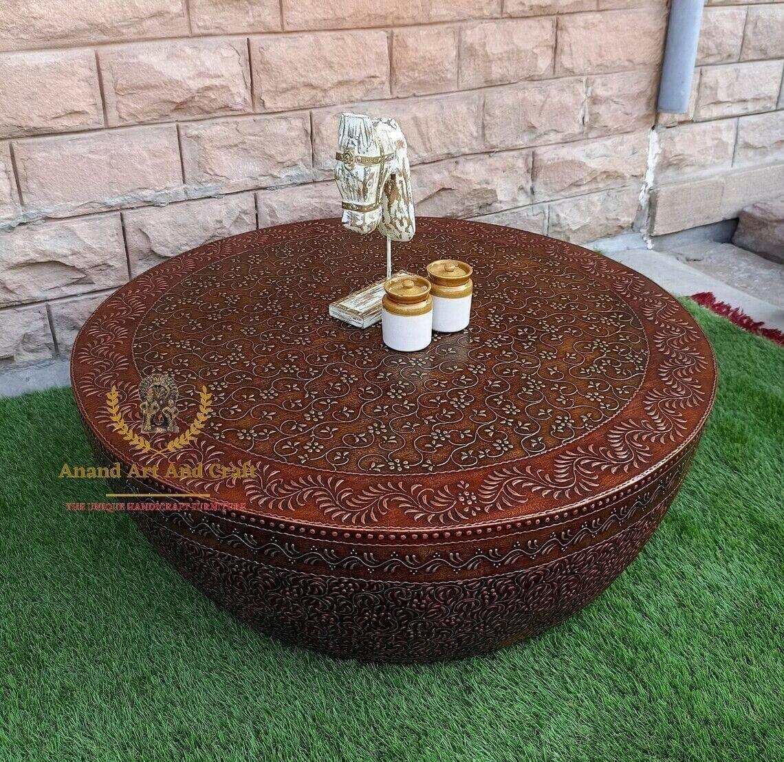 Wood Coffee Table Copper Gold Wooden Beautifully Embossed Work Cocktail handmade - Australian Empire Shop