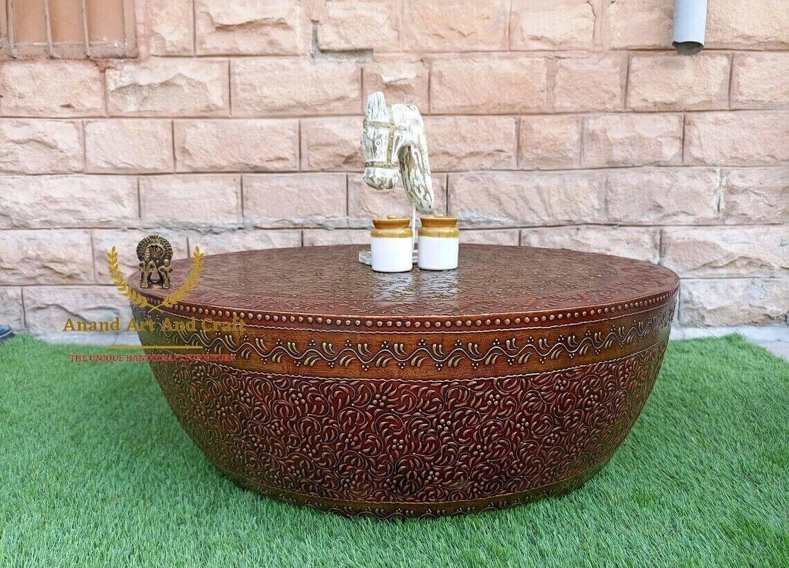 Wood Coffee Table Copper Gold Wooden Beautifully Embossed Work Cocktail handmade - Australian Empire Shop
